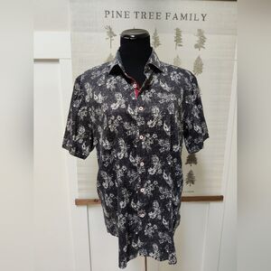 Danini Modern Fit Short-Sleeve Button-Down Shirt – Black & White Tropical Print